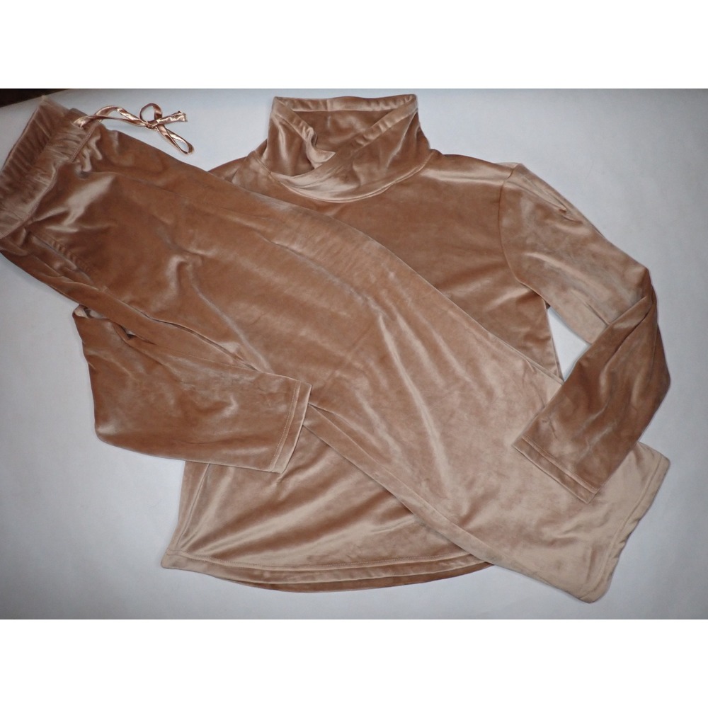 Softies Women's Velour Lounge Set funnel Neck Top and Wide Leg Pants Tan XL